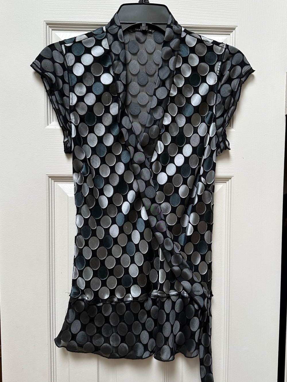 BCBGMaxAzria Grey Polka Dot Wrap-Style Blouse